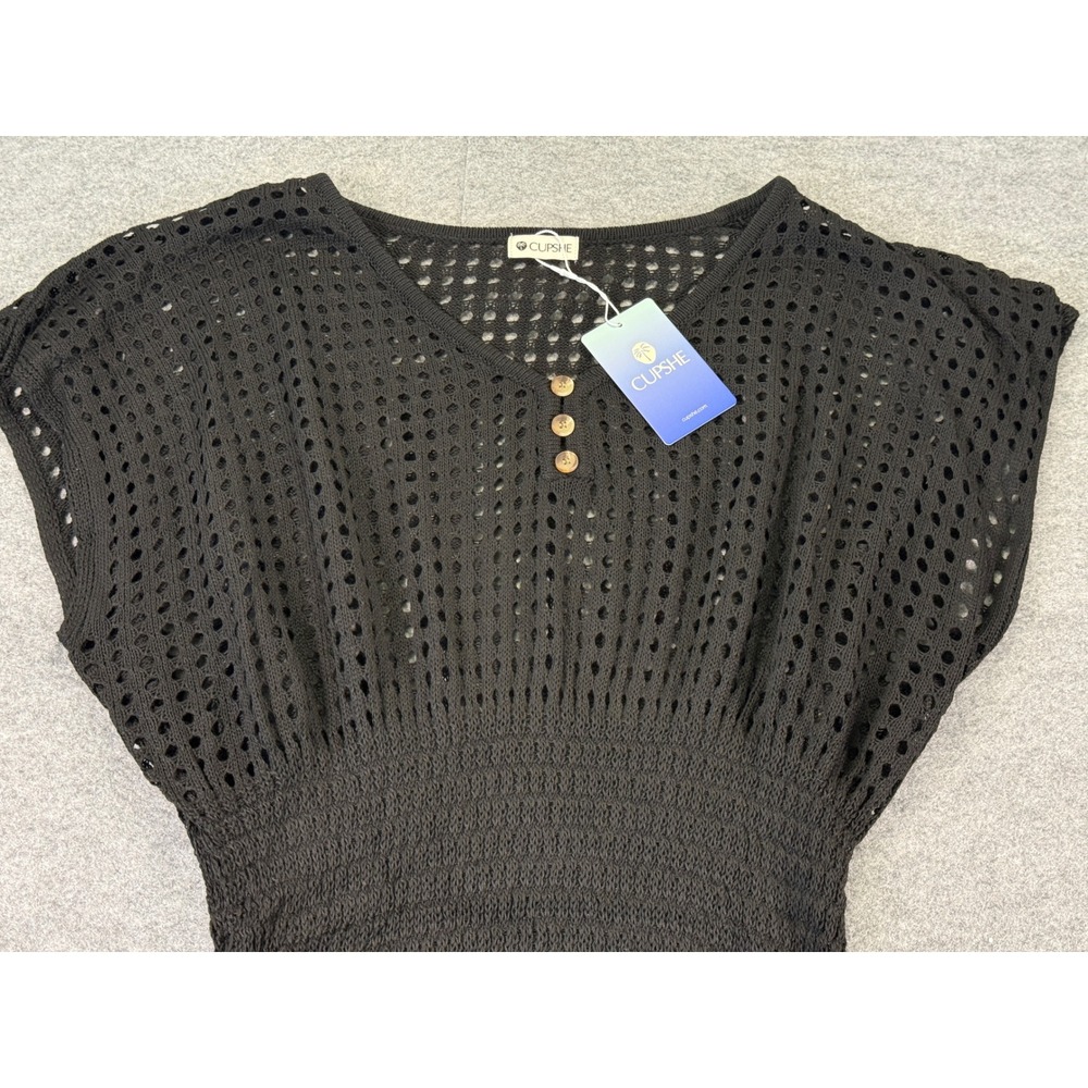 Cupshe Swim Cover Up Women Size L Black Crochet Smocked Waist Boho Mini Dress - Picture 6 of 14